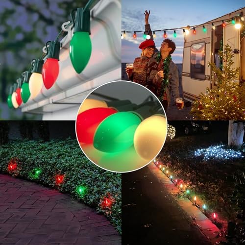 SUNSGNE C9 LED Outdoor Vintage Christmas Lights, 25FT Christmas Tree Lights with 26 0.6W LED Red Green White Bulbs(1 Spare) for Patio Garden Holiday Home Décor, Green Wire