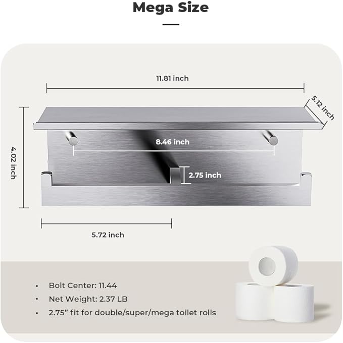 Double Toilet Paper Holder with Shelf, FreshGlow Large Tissue Holder Brushed Nickel, Wall Mount Commercial Toilet Paper Dispenser Phone Shelf Stainless Steel, Tissue Roll for Bathroom