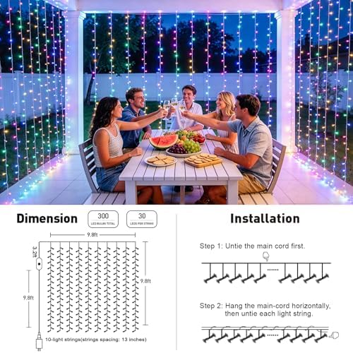 JMEXSUSS RGB Curtain Lights, 300 LED 9.8×9.8FT Color Changing String Lights