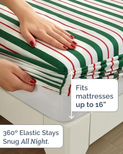 Christmas Sheet Set, Cabana Stripe, Holiday Xmas Bedding Set - King Size