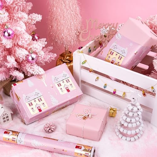 WRAPAHOLIC Reversible Christmas Wrapping Paper - Mini Roll - 17 Inch x 33 Feet - Pink House and Solid Pink Wrapping Paper with Metallic Foil Shine for Chrsitmas, Holiday, Party