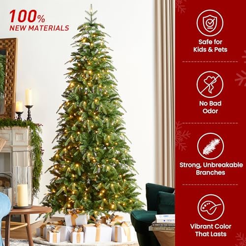 Glitzhome Prelit Christmas Tree, 7.5ft Slim Christmas Tree, Hinged Artificial Tree Radiant Evergreen Fir with 400 Warm White/Multi-Color LED Lights,9 Function,w/Remote Control,Easy Assembly