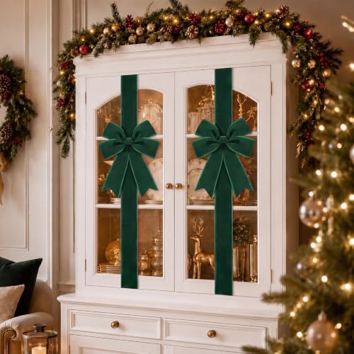 Daifunli 6 Pcs Jade Green Velvet Christmas Cabinet Bows Ribbons for Kitchen