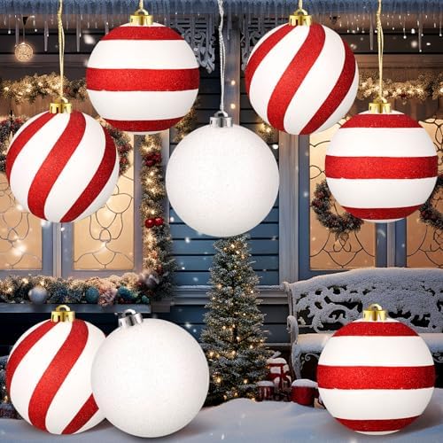 Deekin 8 Pack Extra Large Christmas Ornaments Outdoor, 6 in Red White Balls