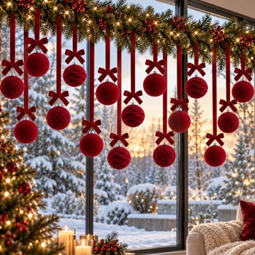 16 Sets Burgundy Velvet Christmas Ball Ornaments with Bow Ribbon, 35" Long