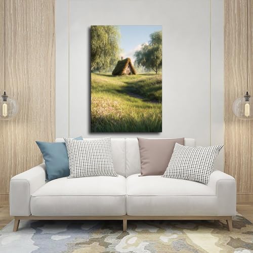 JDBeehpy Thatched Cottage Wildflower Meadow Framed Wall Art 16x24inch