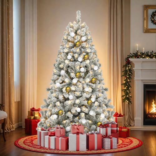 DWVO 6ft Flocked Christmas Tree Prelit, Atificial Tree with 250 LED Lights