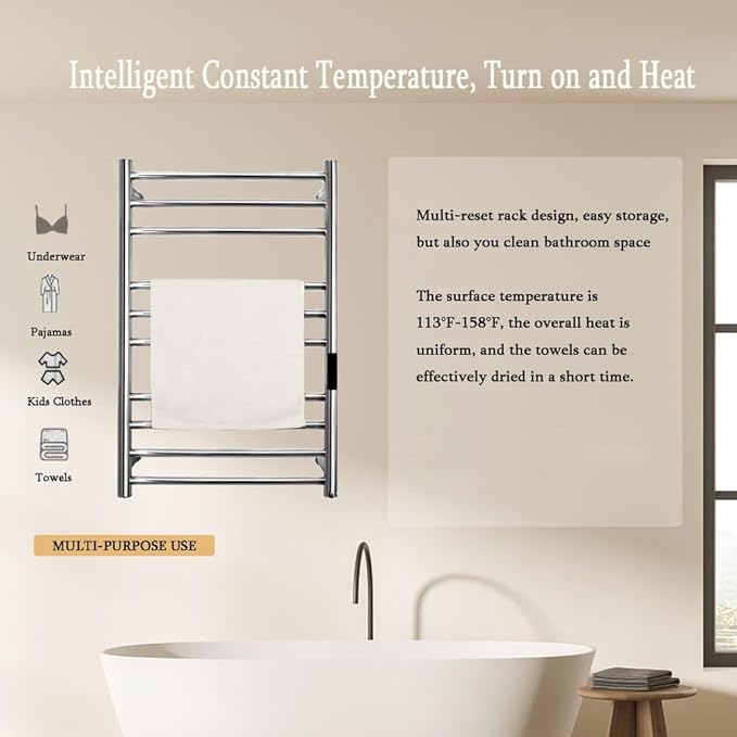 Heated Towel Rack Plug-in,Free Standing & Wall Mounted Dryer Rack Stainless Steel,Radiator 10 Bars Hot Towel Warmer with Built-in Timer,Silver