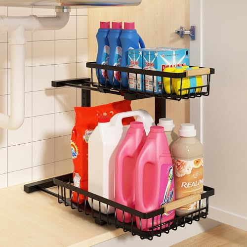 REALINN Under Sink Organizer, Adjustable 2 Tier Pull Out Kitchen Bathroom