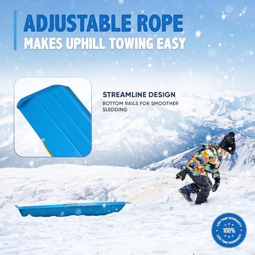 39" Toboggan Lifetime Sled: Durable High-Density Plastic Sleds for Kids, and Teens 1 Person Snow Sleds for Kids and Teens W/Handles and Pull Rope