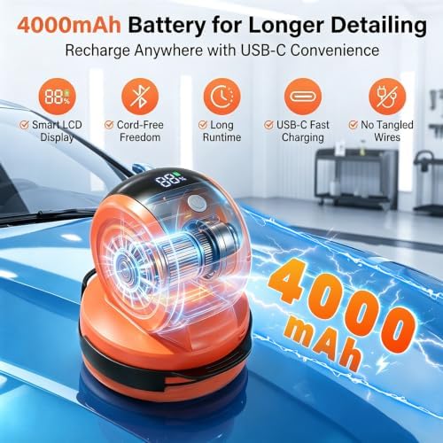 Cordless Car Buffer Polisher, 1800RPM 3-Speed Mini Car Polisher with 4000mAh Battery, USB-C Rechargeable Car Buffer with LCD Display, 6-Pad Car Detailing Kit for Waxing & Buffing