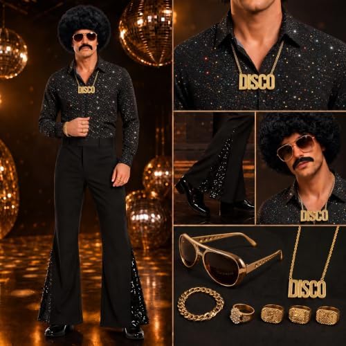 12Pcs 70s Outfits for Men, Disco Costume with Bell Bottom Pants Shirt Set