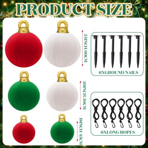 Jenaai 6 Pcs Giant Velvet Christmas Inflatable Ball Ornament 24" 20" 18"