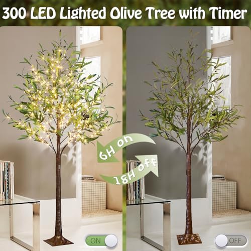 EAMBRITE Lighted Olive Tree Artificial Indoor, 6Ft Eucalyptus Tree with Fairy Lights, Light Up Artificial Plant Tree 300 LED Warm White for Christmas Halloween Room Wedding Outdoor Decorations