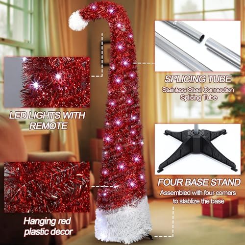 Aurelema 5 ft Curved Pop up Christmas Tree with 50 LED Lights Tinsel Red
