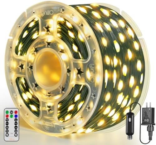Ollny Christmas Lights 800 LED 262 FT Plug in, IP67 Waterproof Green Wire Outdoor Christmas Lights with Remote, 8 Modes and Timer Outdoor String Light for House Indoor Xmas Decorations (Warm White)
