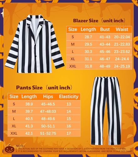 4 Pcs Black and White Stripe Suit with Wig - Adult Halloween Cosplay Outfits for Movie Role Play, Horror Theme Party