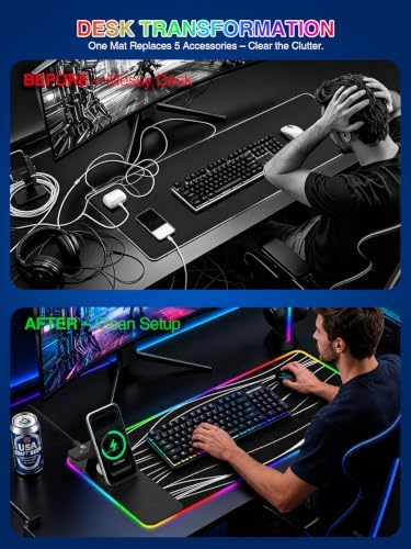RGB Mouse Pad with Foldable Phone Stand Wireless Charger, 31.5"x11.8" XL Gaming Mousepad Large Desk Mat, Desk Pad with 11 Colors 5 Modes, Waterproof