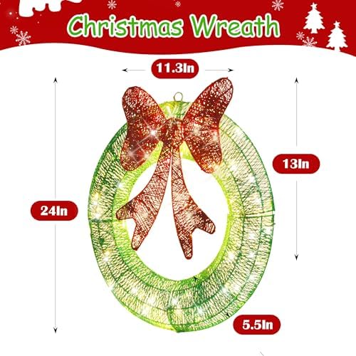 Ogrmar 24in Lighted Christmas Wreath Decoration Metal LED Lighted Wreaths