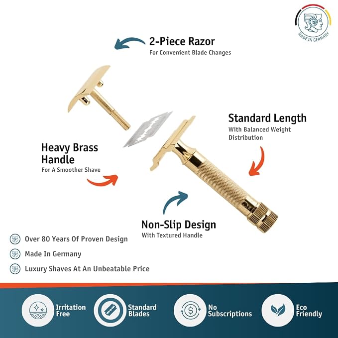 Merkur Classic 2-Piece Double Edge Safety Razor Gold Plated, 1 Count