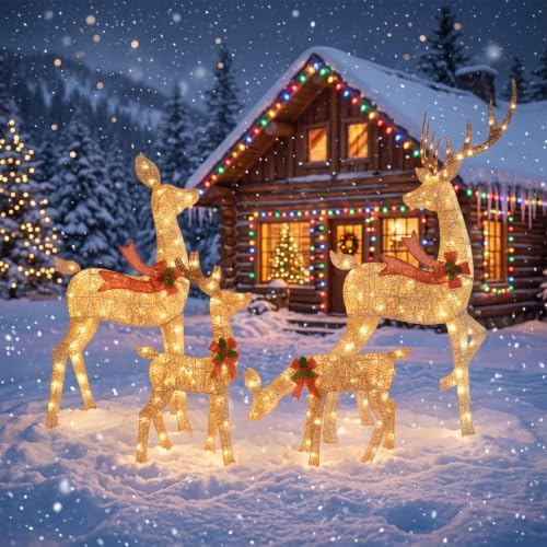 5.7FT Christmas Reindeer Family Set, 4Pcs 3D Christmas Decorations Outdoor Deer with 255 LEDs Outdoor Yard Decoration, Stakes, Zip Ties - Gold