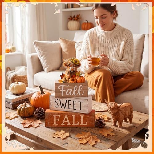Moucuny 4 Pcs Highland Cow Fall Table Decorations, Sweet Fall Pumpkin Signs