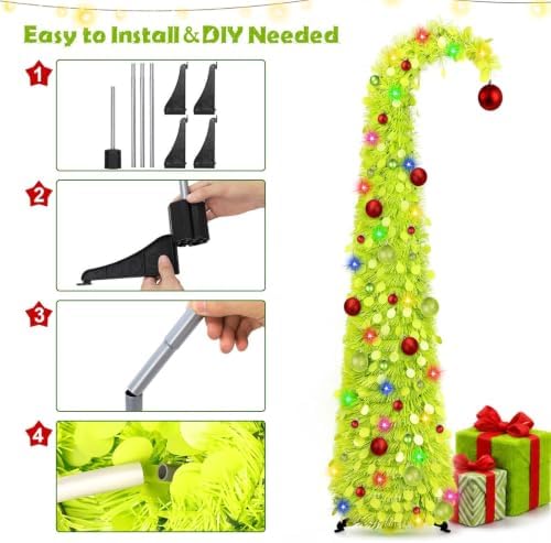 N&T NIETING Whimsical Pop Up Christmas Tree with Lights & 31 Balls, 5Ft Collapsible Tinsel Tree Decorations for Holiday Home Office Decor, Green