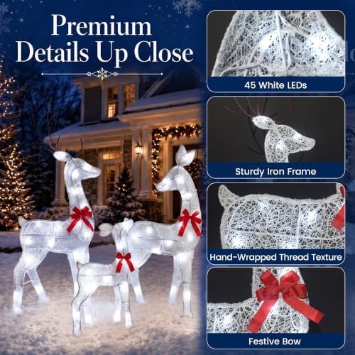 34IN 3-Piece 2.5D Lighted Christmas Deer Family Outdoor Decorations, White Pre-Lit Reindeer Set with 45 Lights, Stakes and Zip Ties for Yard Lawn Porch Garden Patio Holiday Party Decor