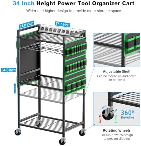 JUNNUJ Power Tool Organizer Cart with Charging Station, 10 FT Cord, Green