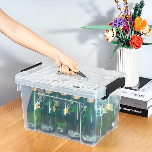 Cetomo Lidded Storage Bin with Handle, Storage Bins with Lid, Organizing Container with Secure Latching Buckles, Stackable and Nestable, Plastic, 25 Quart-4 Pack, Clear