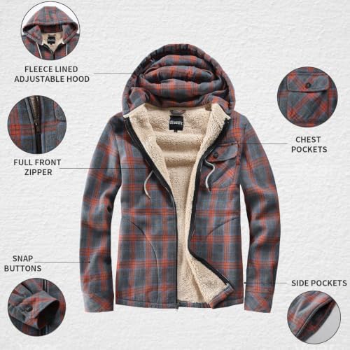 Elesuit Men's Full Zip Fleece Flannel Jacket Shirt Plaid Cotton Hoodie Coat