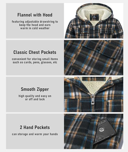 GEEK LIGHTING Men's Flannel Shirts Jacket Sherpa Lined Plaid Zipper Hoodie