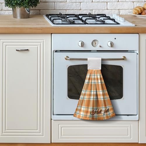 Fall Autumn Hand Towel with Hanging Loop Set of 2 Thanksgiving Country Orange Hanging Kitchen Towels Checkered Plaid Tartan Dishcloth Fingertip Bath Tie Towels for Bathroom Farmhouse Decor