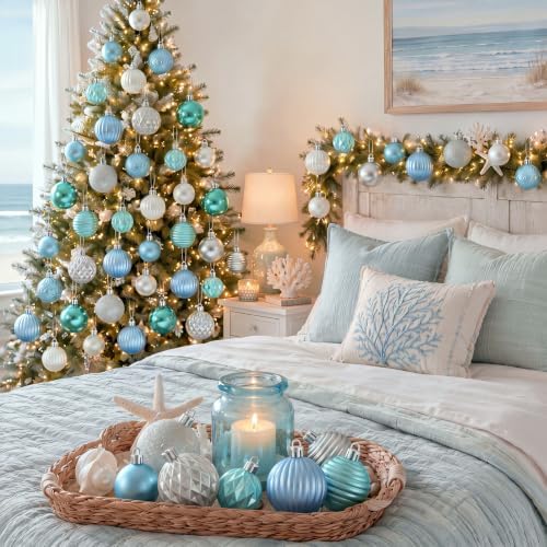 Lunmon 64 Pcs Coastal Ocean Christmas Ball Ornaments Beach Xmas Baubles