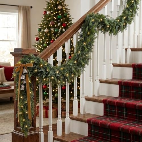 6FT 2Pcs Christmas Cedar Garland with Lights Realistic Faux Pine Garlands