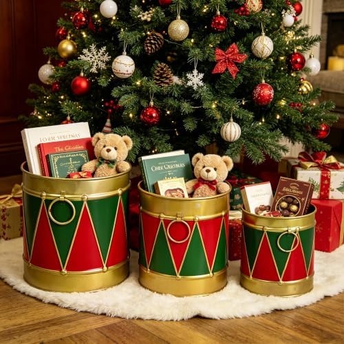 3-PCE Christmas Metal Drum Buckets Set - Festive Ice Bucket & Storage for Small Plants/Ornaments/Candies, Round Decorative Pails for Party Table Centerpieces & Home Mantel Display