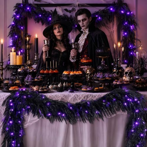 N&T NIETING 9FT Black Halloween Pre-Lit Garland with 70 LED Lights Real Touch Artificial Norfolk Pine Garlands for Table Fireplace Holiday Indoor Outdoor Halloween Decorations (1 Pcs)