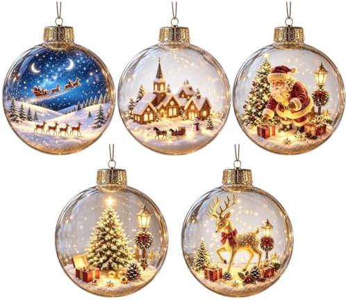 5PCS Glowing Christmas Ornaments - Mini Gold Light-Up Christmas Ball Ornaments - Christmas Tree Ornament with Warm LED Light for Tree Mantel, Holiday Scene Decoration & Gift