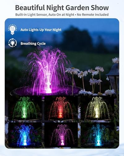 POPOSOAP 8W Solar Fountain Pump with 3200mAh Battery Backup & LED Lights, Solar Water Fountain Kit with 8 Nozzles & PVC Tubing for Bird Bath, Pond, Fish Tank, Backyard Decor P108DL