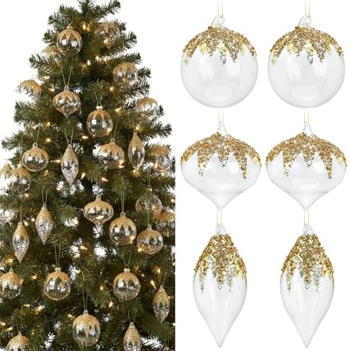 Yerliker 12 Pcs Clear Christmas Glass Ball Ornament Xmas Hanging Decoration