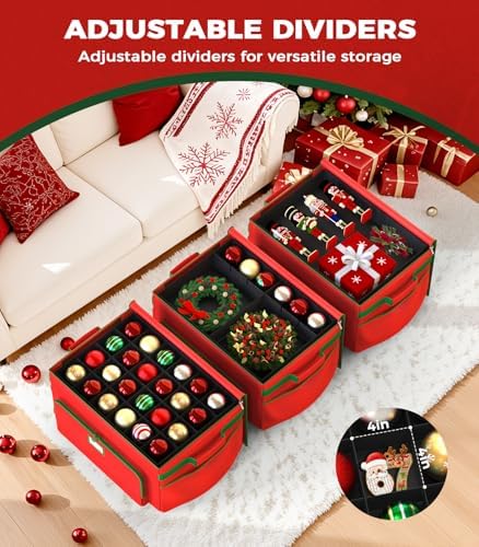 Ornament Storage Box, Large Christmas Ornament Storage Box, Stores 72 4'' Ornaments , Ornaments Storage Containers with 3 Trays, Durable and Portable, 600D Tear-Proof Material, Extra Pockets Red