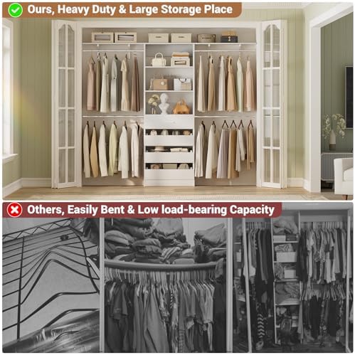 Aheaplus Closet System, Wood Closet Organizer System with Drawers, White