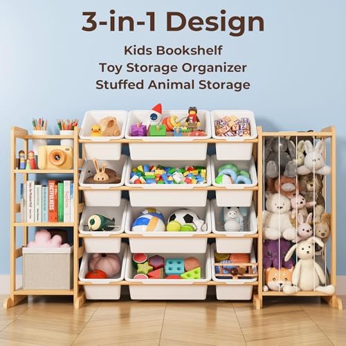 Toy Storage Organizer with Bookshelf and Stuffed Animal Storage - Kids Playroom Organization with 3 Shelves and 12 Toy Bins - Toddler Living Room Toy Box for Lego - Nursery Bedroom Decor Essential