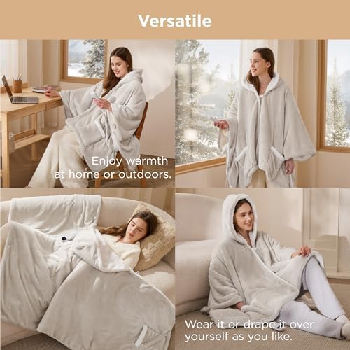 Bedsure Wearable Heated Blanket Hoodie Shawl, Gifts for Mom, 55"x64" Cream