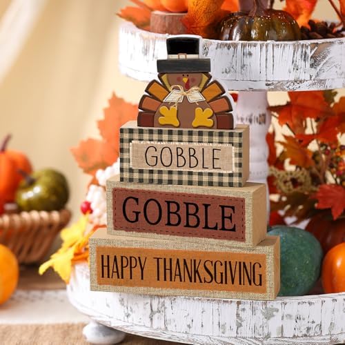Lineshading 4 Pcs Thanksgiving Table Decor, Gobble Turkey Wooden Block Sign