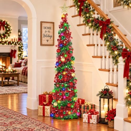 N&T NIETING Pop Up Christmas Tree with Lights & 30 Balls, 5Ft Collapsible Tinsel Tree Decorations for Holiday Home Office Decor, Red & Green
