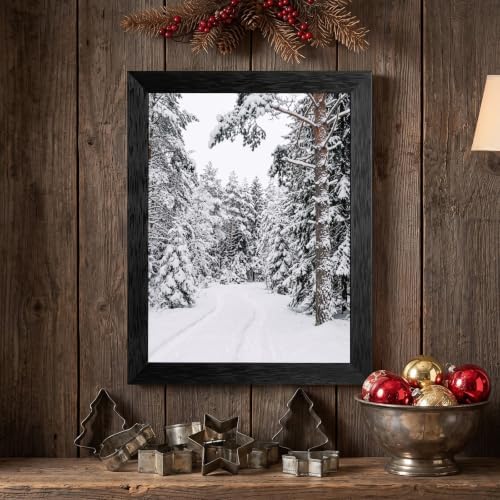 Framed Snowy Pine Path Canvas Wall Art, Winter Art, Black Frame Inch 24x36