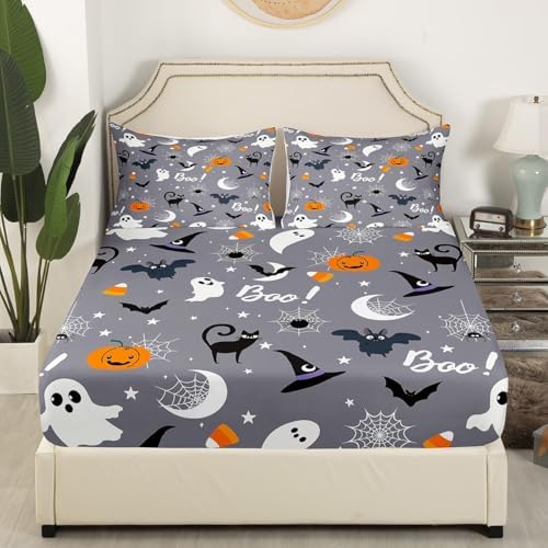 Halloween Theme Sheet Set Kids Boys Girls Pumpkin Lantern Fitted Sheets Set Full Size Owl Cat Ghost Bedding Sheet Sets Includes 1 Flat Sheet,1 Fitted Sheet,2 Pillowcases