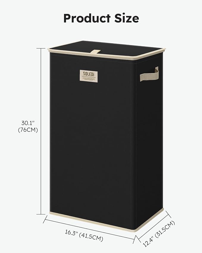 SOLEDI Laundry Hamper with Lid 100L Large & Tall Collapsible Laundry Basket, Clothes Hamper with Bag Removable Easy to Carry, Dirty Hampers for Bedroom, Bathroom, Dorm, College, Pitch Black