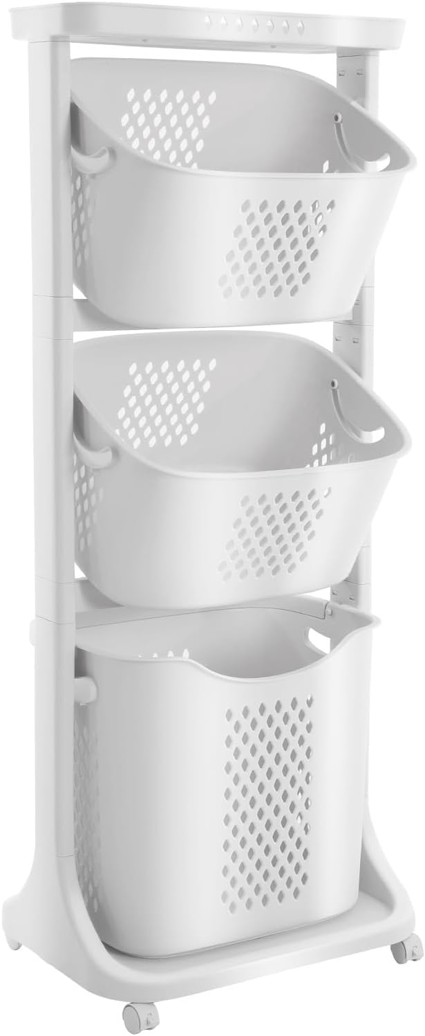 3 Tier Laundry Basket with Wheels, Stacked Laundry Basket Organizer | arge Capacity Storage Hamper with 360° Casters for Sorting Clothes in Bathroom Bedroom Laundry Room, White